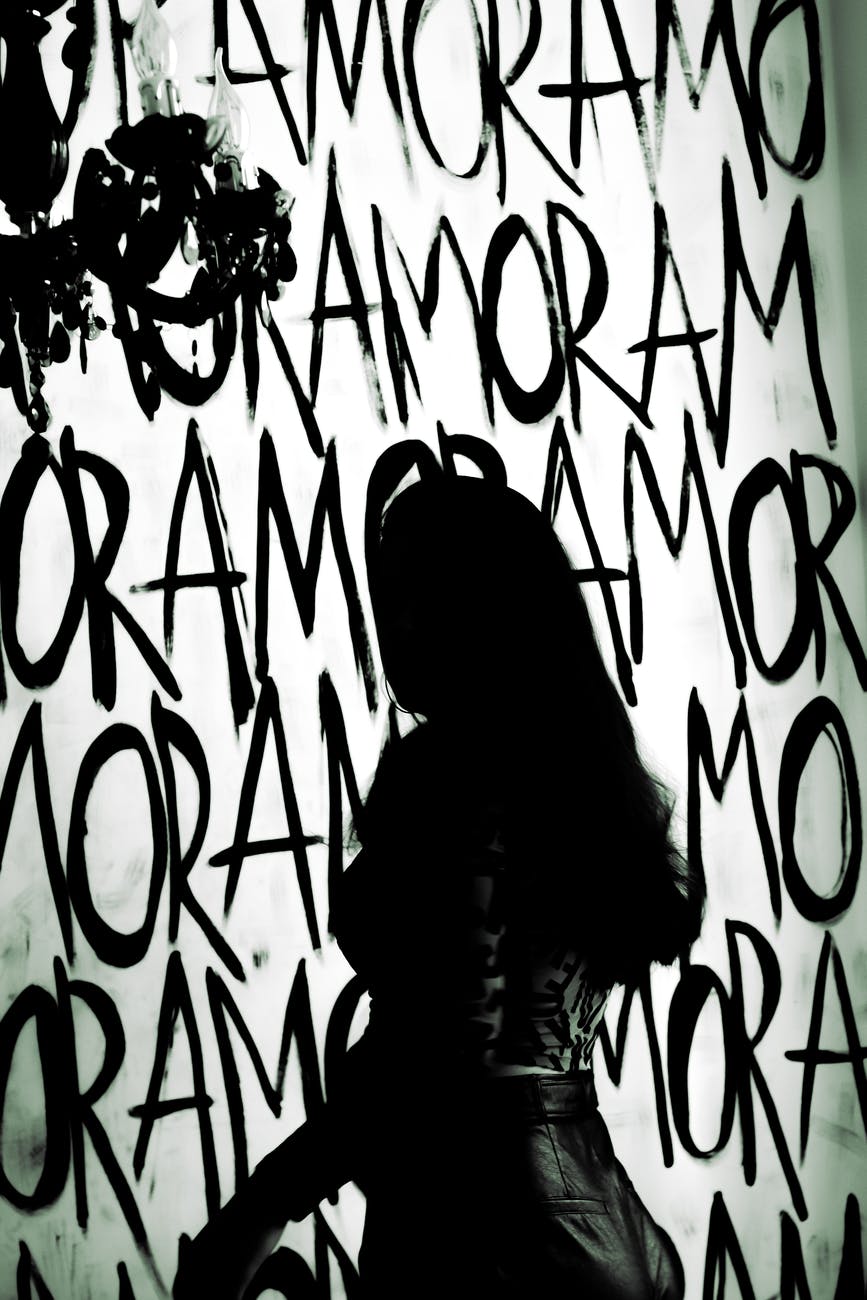 unrecognizable woman silhouette near wall with black words amor